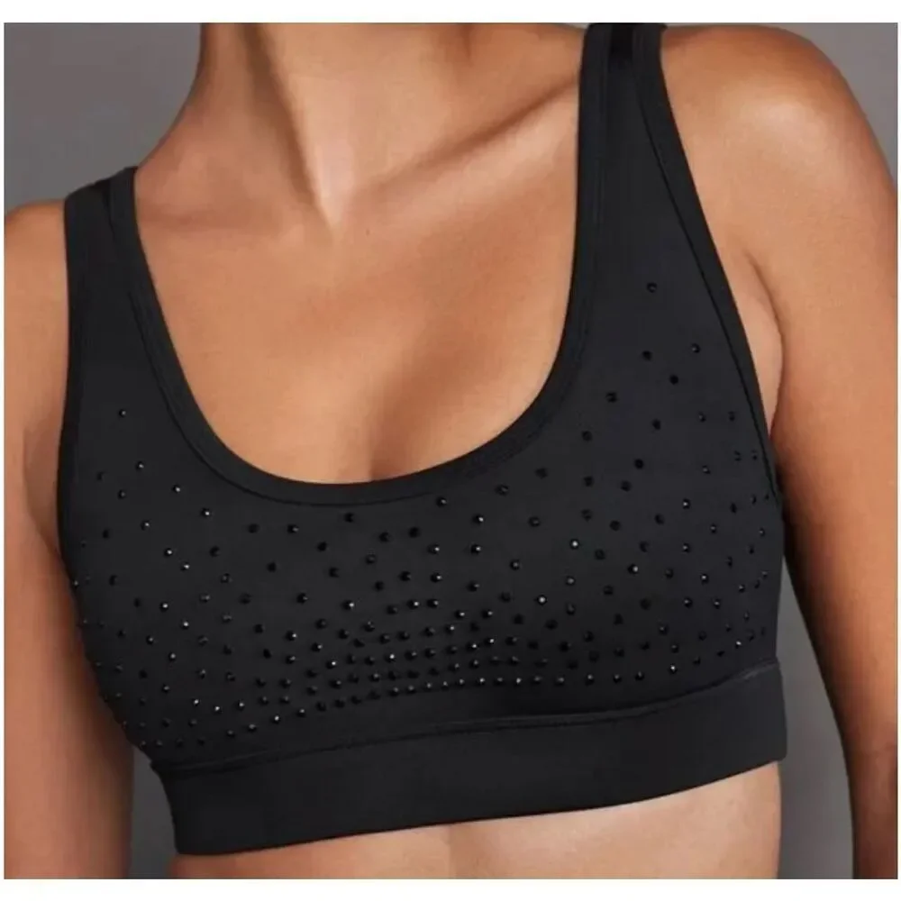 Carbon38 Rhinestones Cut Out Scoop Bra in Diamond Compression - Black Sz Small N